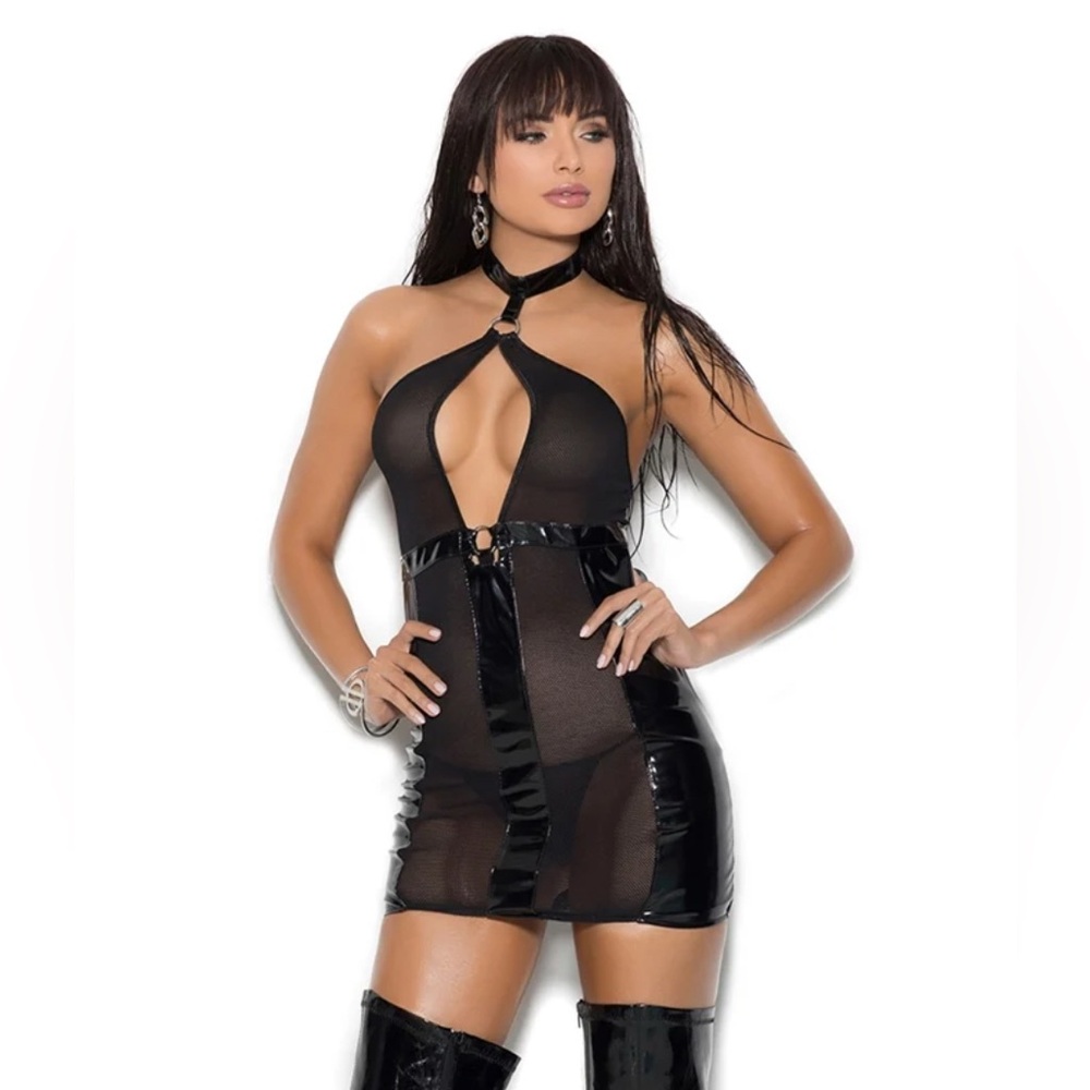 Elegant Moments Leather Vinyl and Mesh Fishnet Wet Look Mini Dress Size Small